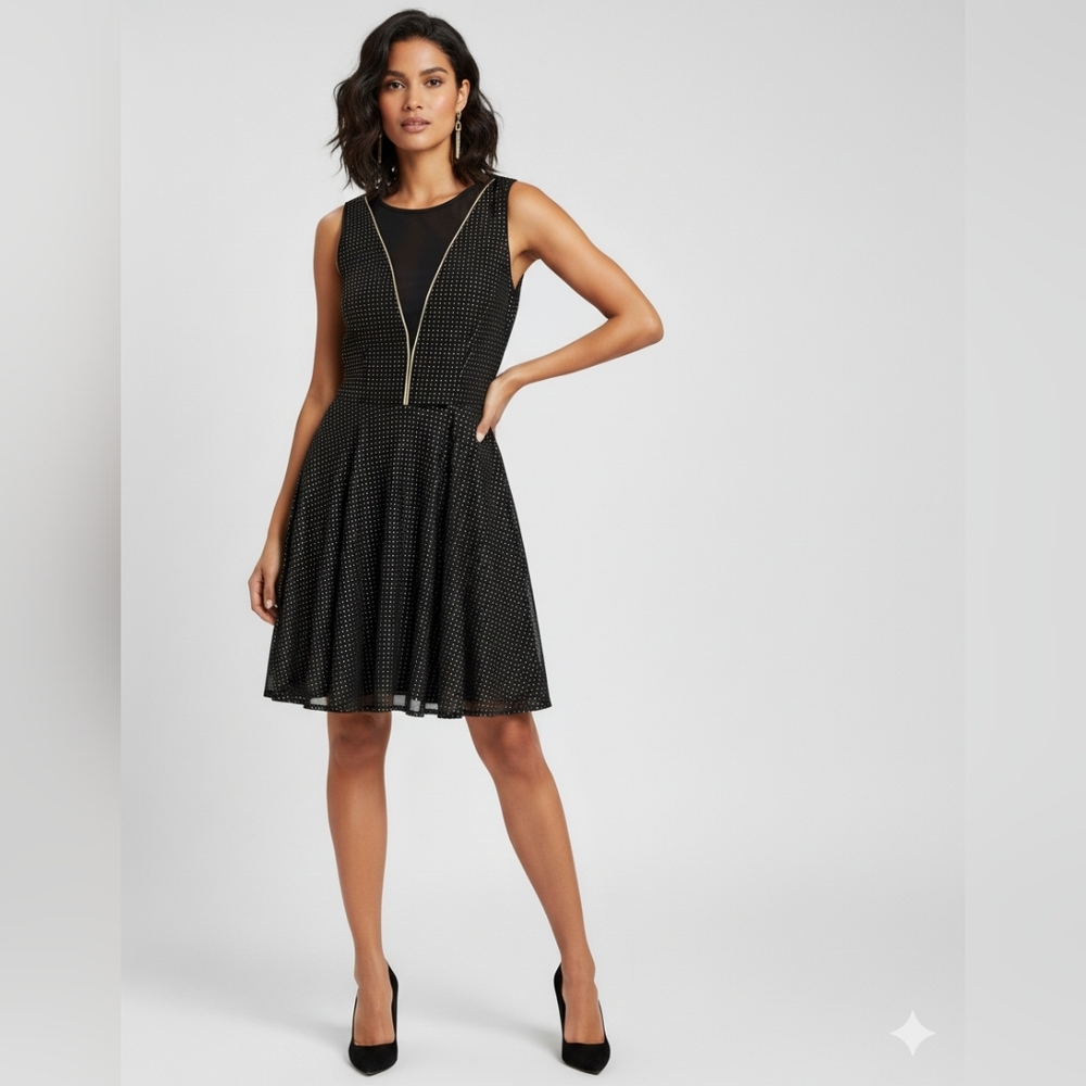 Ladies EXPRESS Black With Gold Dots Dress - Size 2 - Excellent Condition